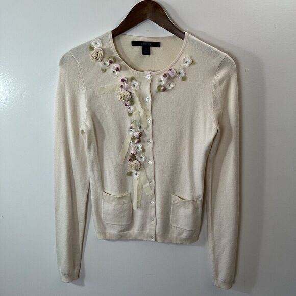 Express Womens Silk Blend Cardigan Size S Cream Pink 3D Floral Cottagecore Fairy - Picture 1 of 7